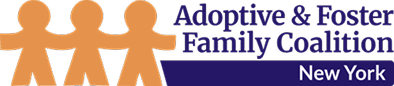 Logo of the Adoptive & Foster Family Coalition featuring three stylized orange figures holding hands, with the text 'Adoptive & Foster Family Coalition' in blue to the right and 'New York' underneath in smaller text.