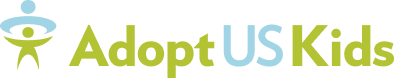 Logo for AdoptUSKids featuring a stylized figure of a child with arms raised, encircled by a blue element. The text "AdoptUSKids" is displayed, with "Adopt" in green and "US Kids" in blue. The design emphasizes child adoption and support.