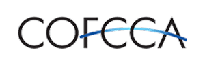 The logo of COFCCA, featuring the word "COFCCA" in stylish black typography. A curved blue line crosses through the middle of the text, adding a modern touch. The background is plain green, enhancing the logo's visibility.