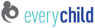 A logo consisting of a stylized icon of a person holding a child, accompanied by the text "everychild". The letters 'every' are in light blue, and 'child' is in dark blue, conveying a focus on child welfare.
