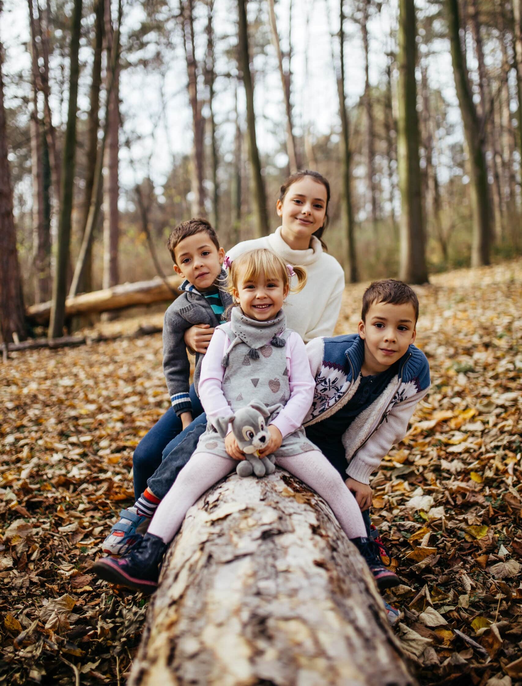 Four children sitting on a fallen log in a forest with autumn leaves on the ground. A girl in the front holds a stuffed animal, while the others smile and pose behind her. The backdrop features tall trees and a natural setting.