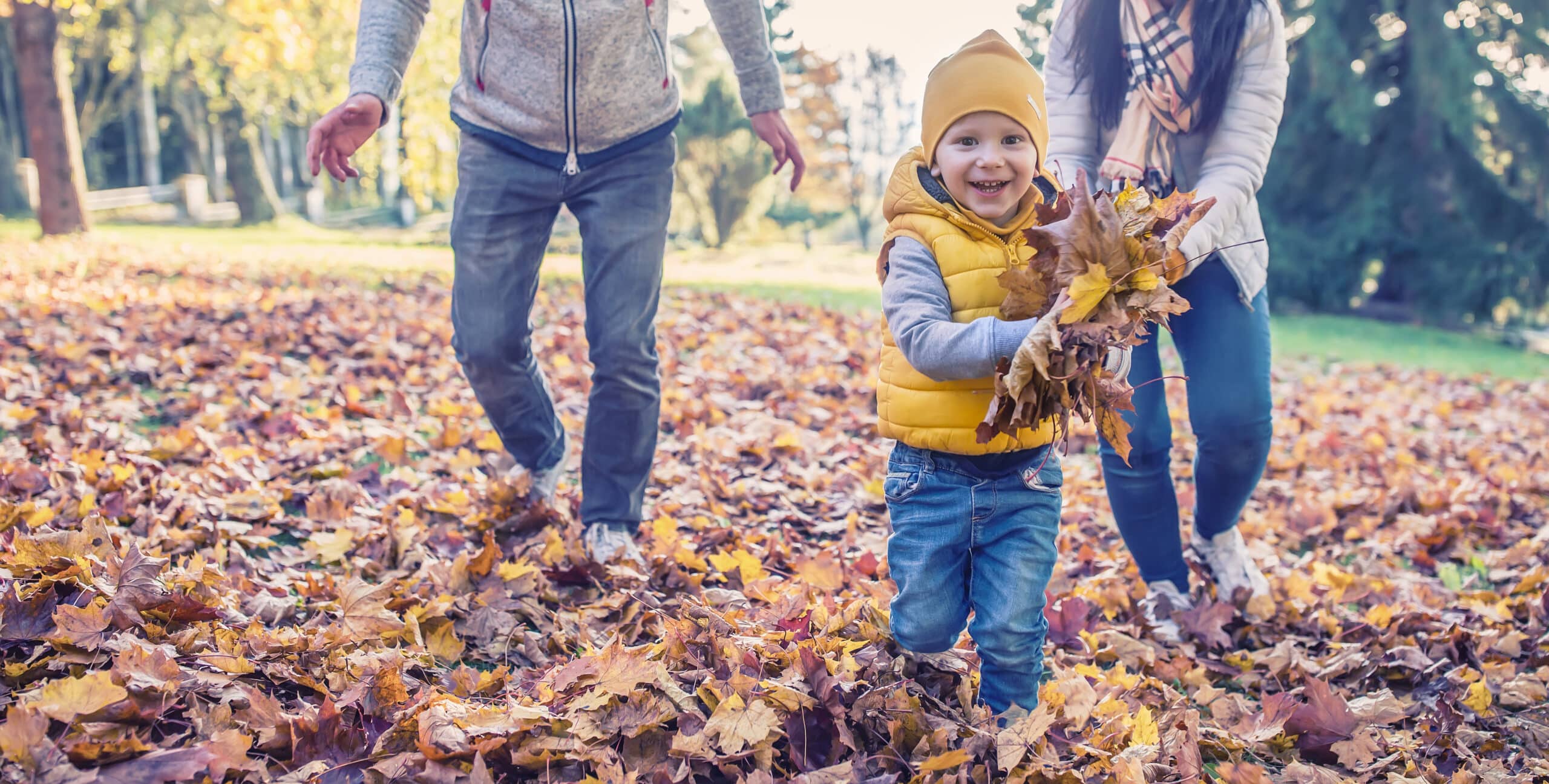 A joyful child wearing a yellow vest and hat holds a large bundle of autumn leaves while walking through a park covered in fallen leaves. Two adults, one on each side, are walking alongside the child in casual attire.